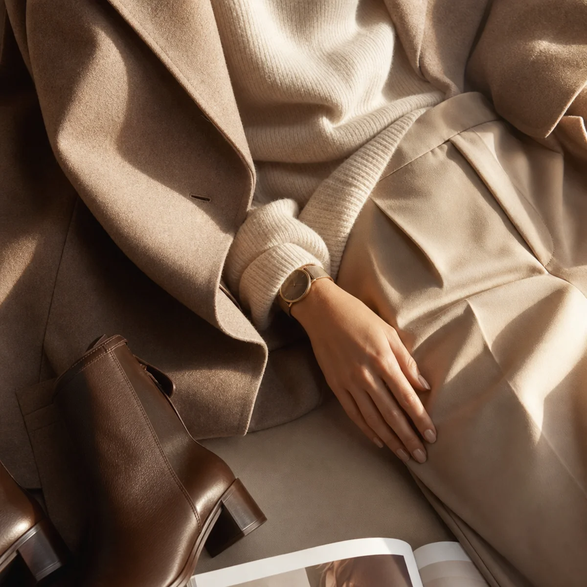 Faceless full-length shot of a long wool coat over a turtleneck with trousers and boots