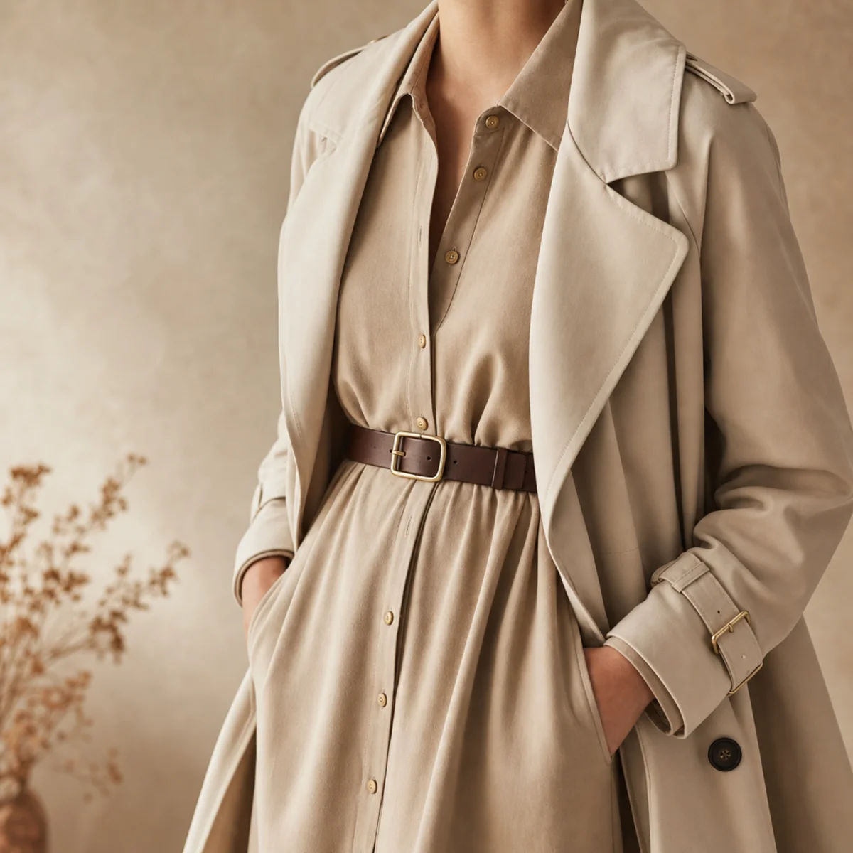 Faceless full-length shot of a trench over a shirt dress with tall boots for work