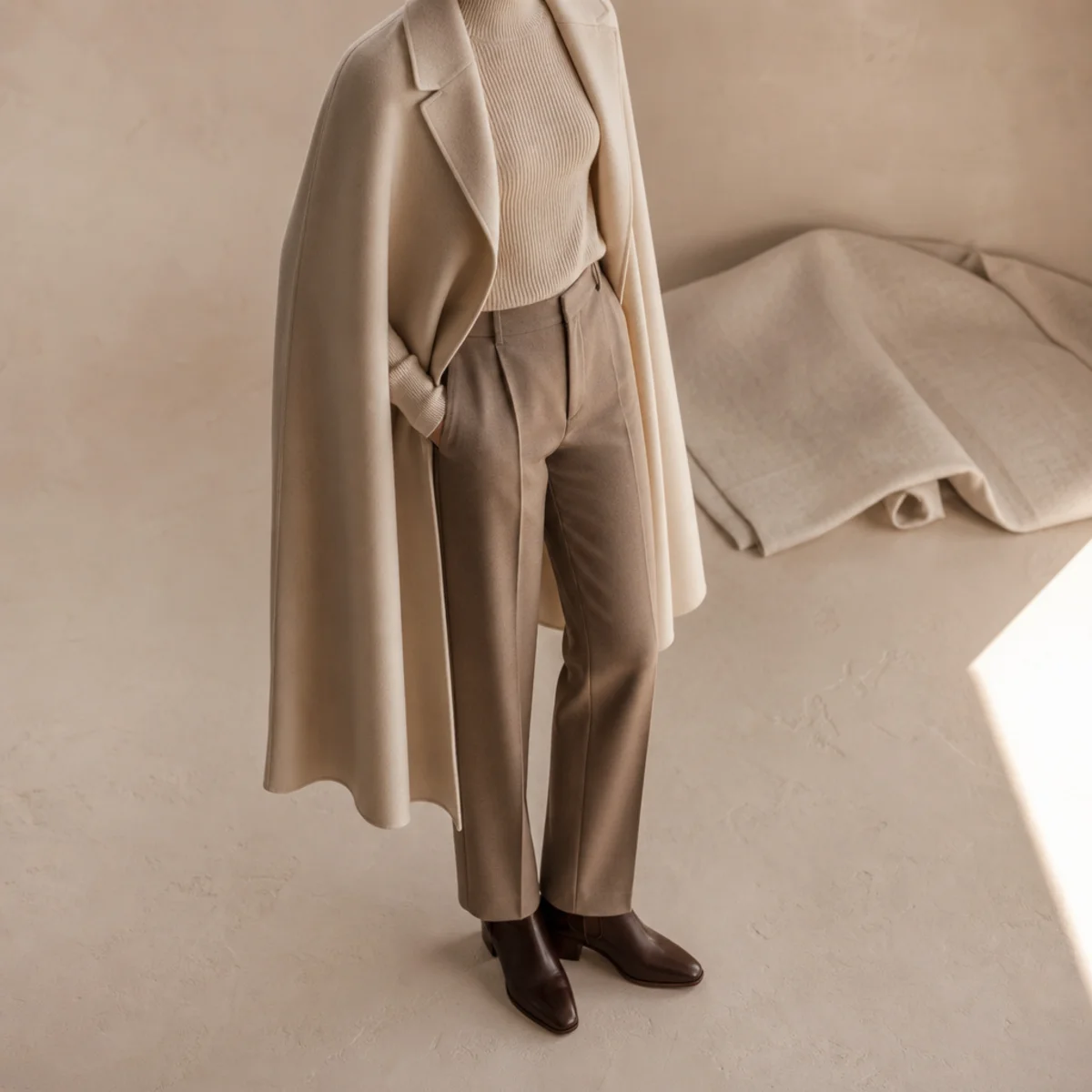 Faceless full-length shot of a cape coat over a knit with tailored trousers and boots for work