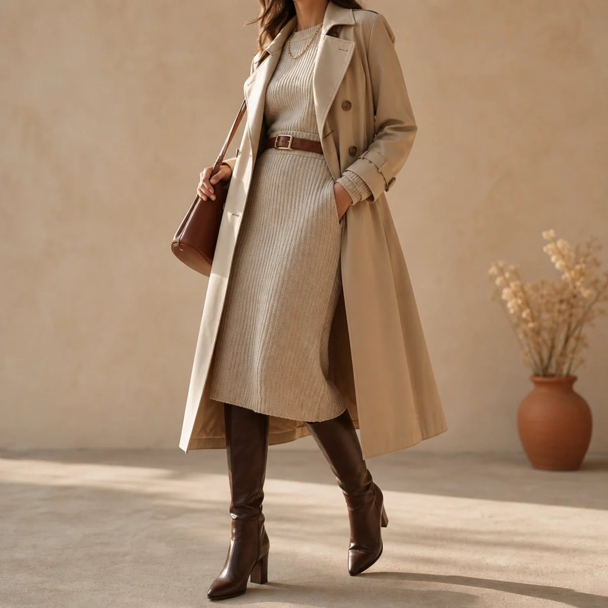 Faceless full-length shot of a knit midi dress under a trench with tall boots for work