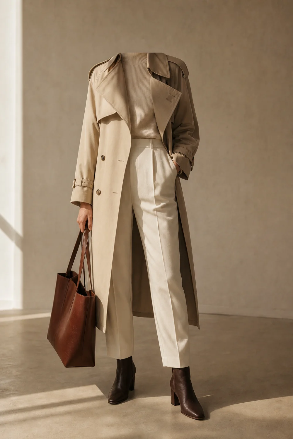Faceless rainy day work outfit with a trench, tailored trousers and boots