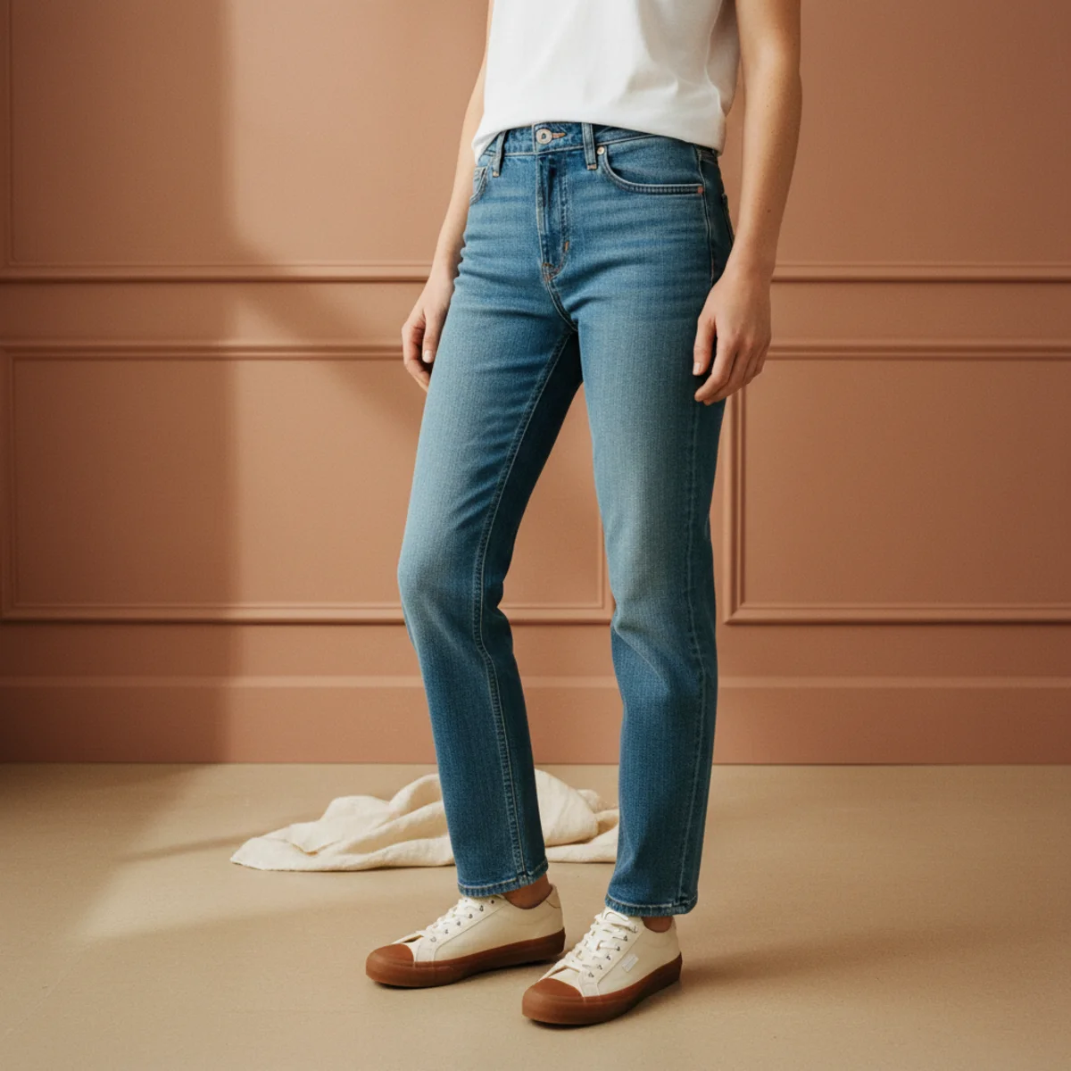 Faceless waist-down shot of retro gum-sole sneakers worn with straight-leg jeans and a tucked-in white tee