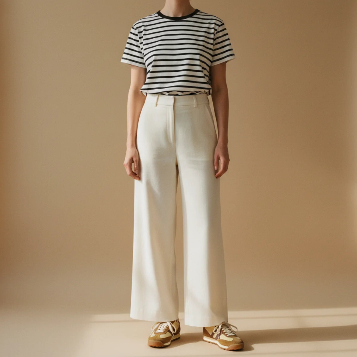 Faceless waist-down editorial of retro gum-sole sneakers with wide-leg cream trousers and a black-and-white striped tee