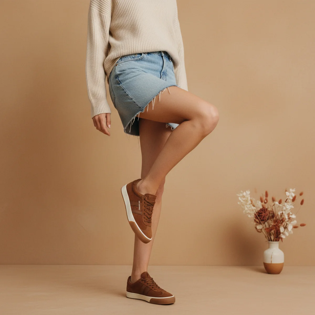 Faceless waist-down shot of retro gum-sole sneakers with a denim mini skirt and ribbed cream crew-neck jumper