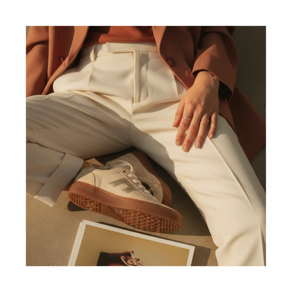Faceless waist-down editorial of retro gum-sole sneakers with cropped tailored trousers and the hem of an oversized blazer