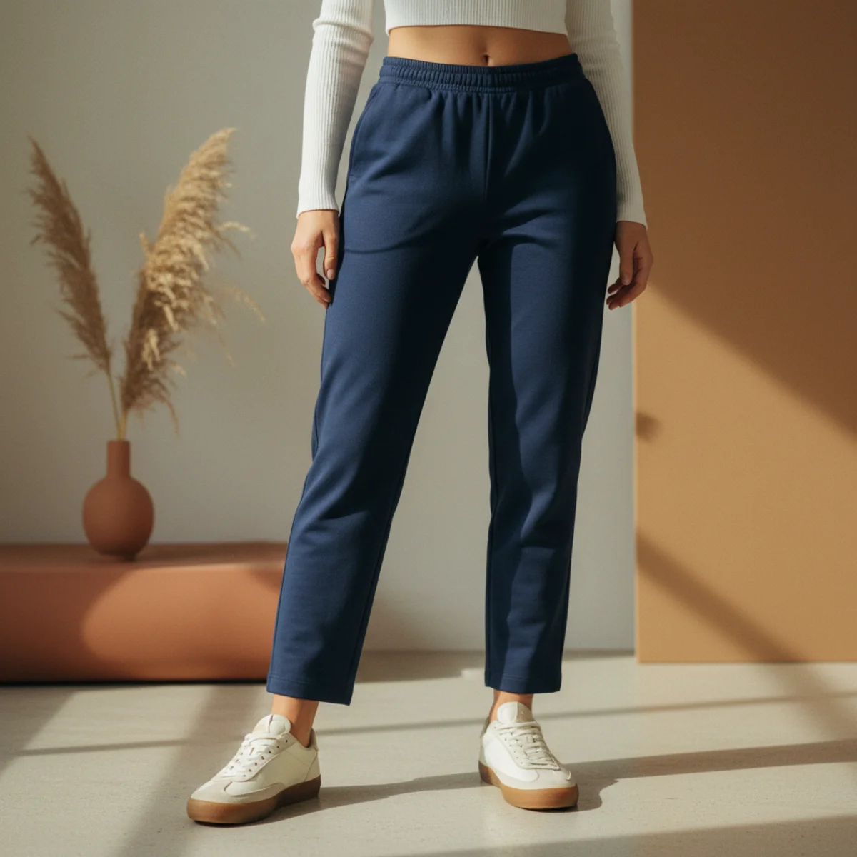 Faceless waist-down shot of retro gum-sole sneakers with straight-cut navy tracksuit bottoms and a fitted white crop top
