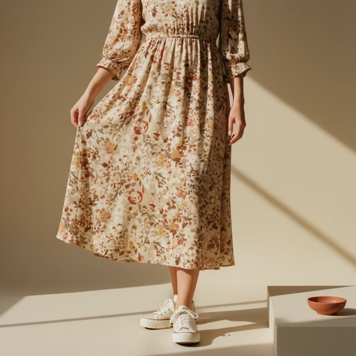 Faceless full-length shot of retro gum-sole sneakers worn under a flowing floral midi dress with a cinched waist