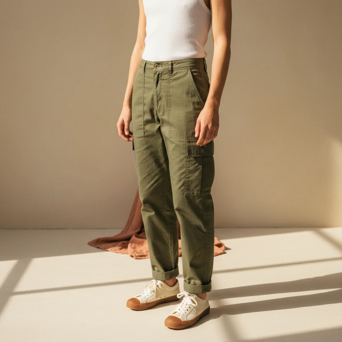 Faceless waist-down shot of retro gum-sole sneakers with olive cargo trousers and a white ribbed tank top