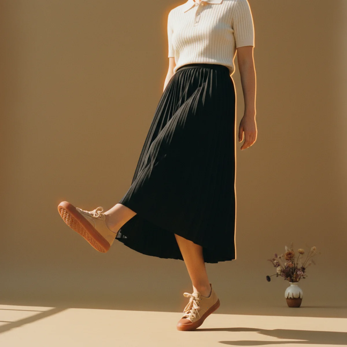 Faceless full-length editorial of retro gum-sole sneakers with a pleated black midi skirt and a knit polo top