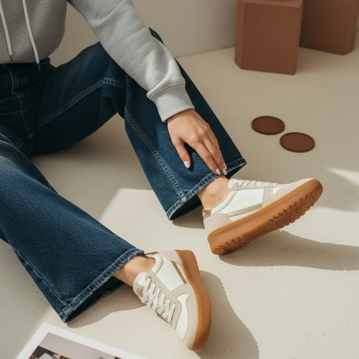 Faceless waist-down editorial of retro gum-sole sneakers with wide-leg dark-wash jeans and the hem of a cropped grey hoodie
