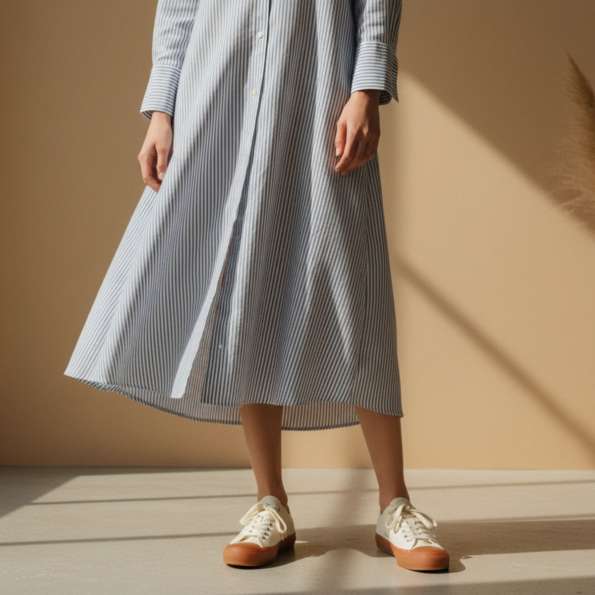 Faceless full-length shot of retro gum-sole sneakers under a flowy unbuttoned blue striped shirt dress
