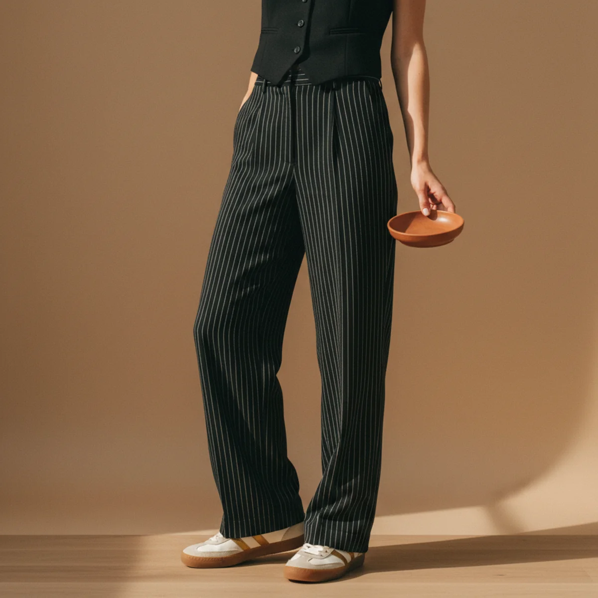 Faceless waist-down editorial of retro gum-sole sneakers with wide-leg black pinstripe trousers and the hem of a fitted black vest