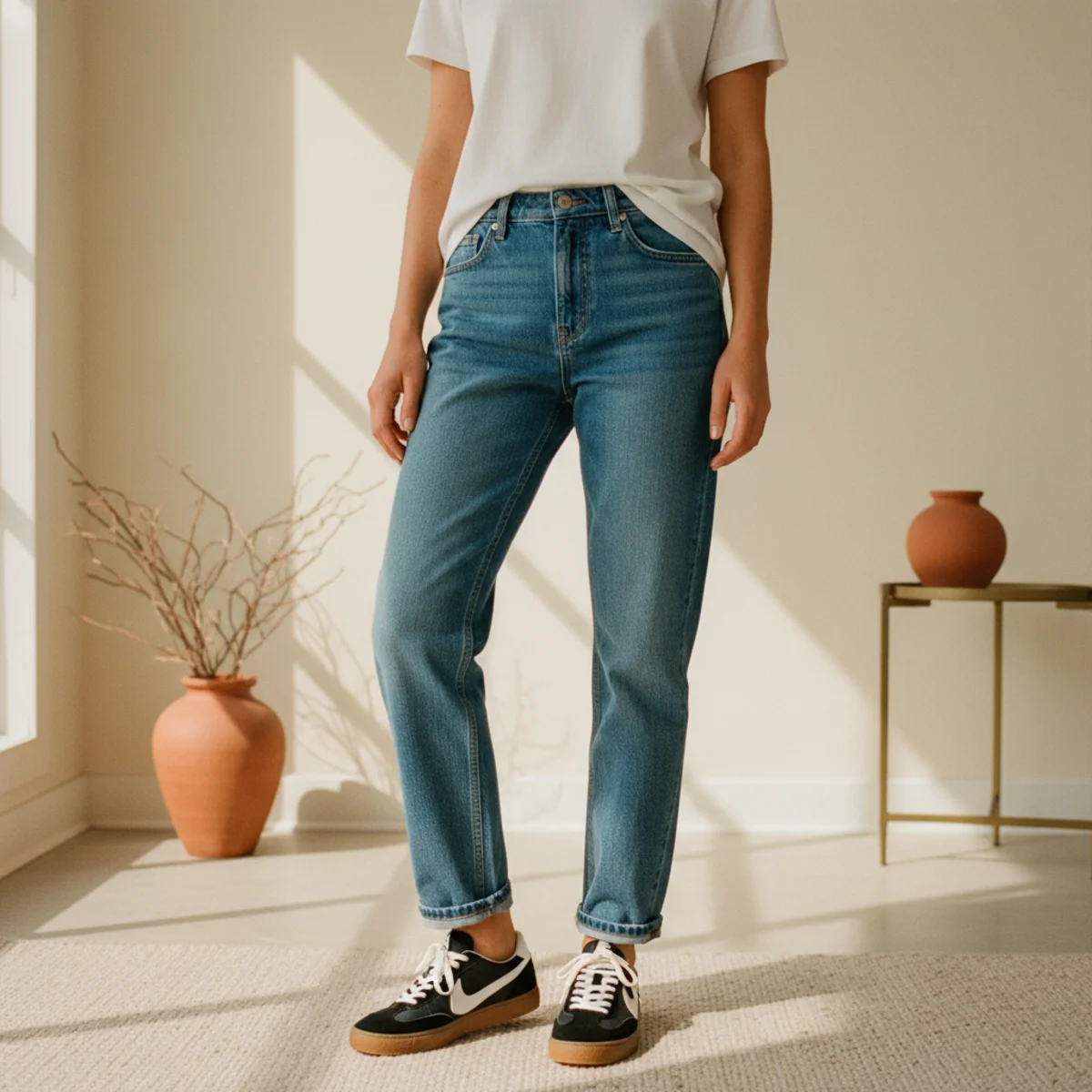 Faceless waist-down shot of retro black-and-white gum-sole sneakers paired with straight-leg blue jeans and a white tee