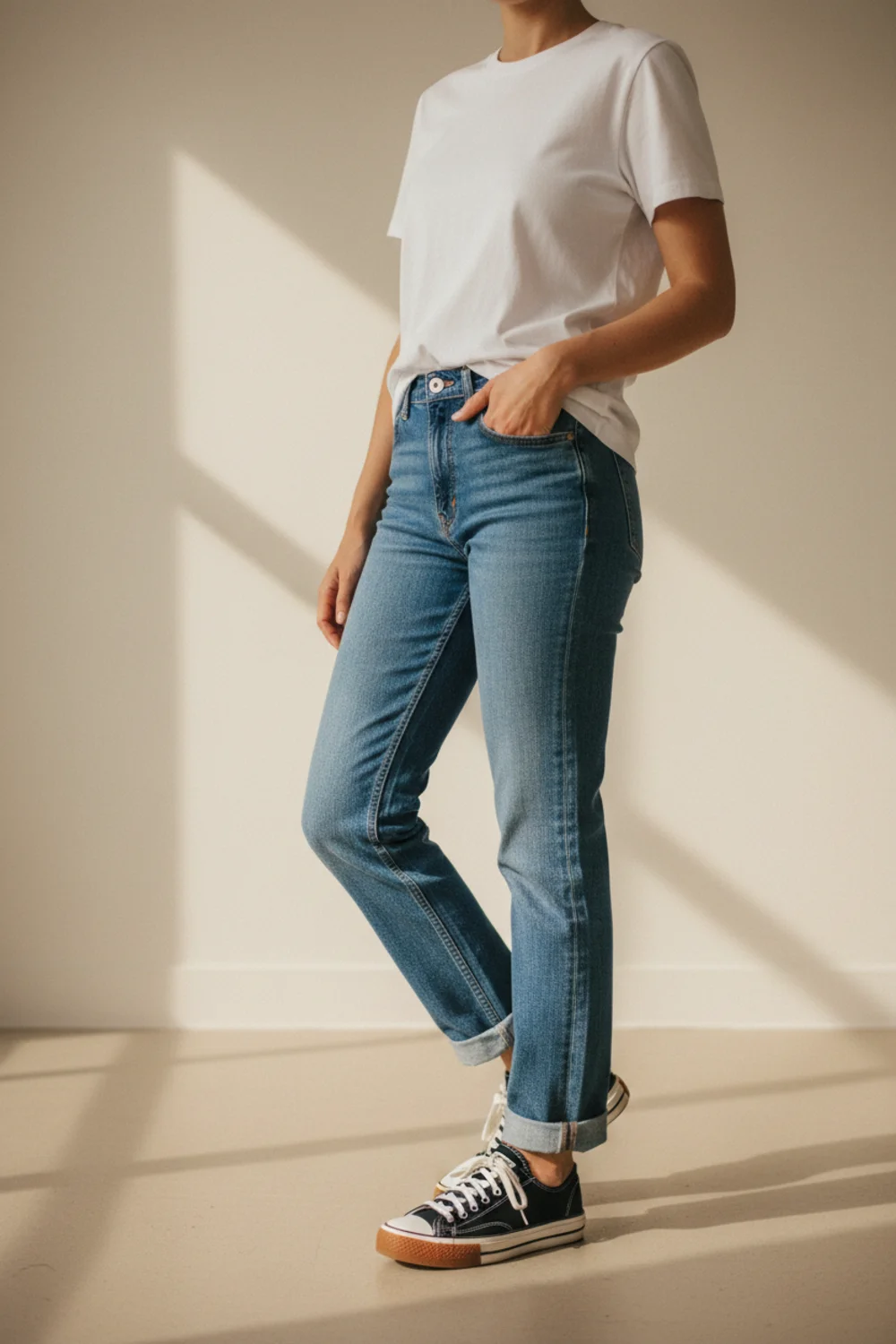 Faceless waist-down editorial of retro gum-sole sneakers with straight-leg jeans — a casual street-style staple