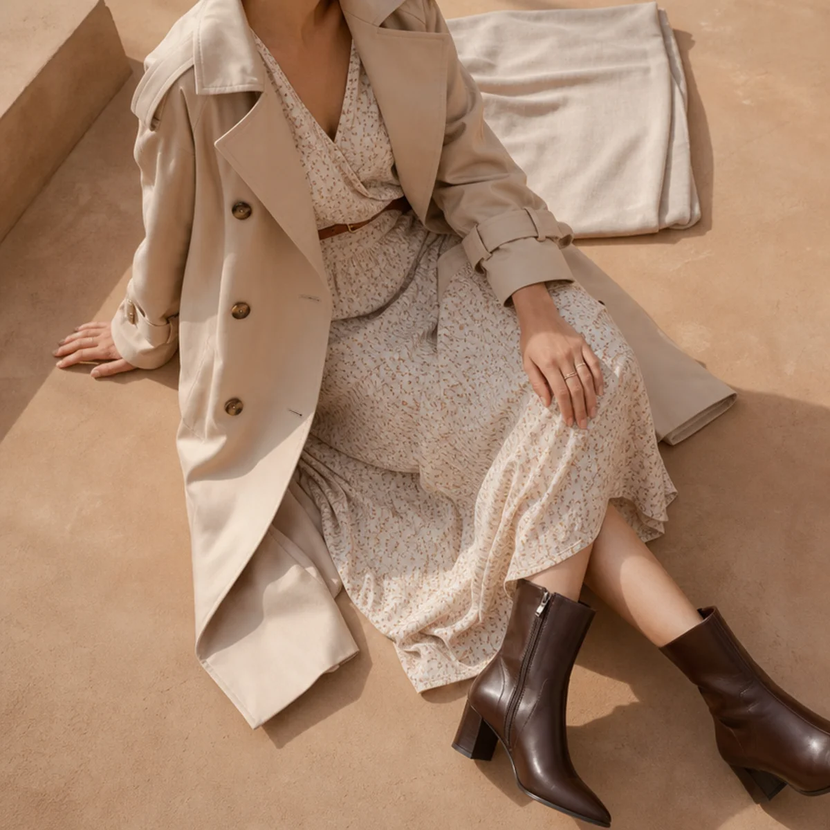 Faceless full-length shot of a light trench over a dress with ankle boots in spring