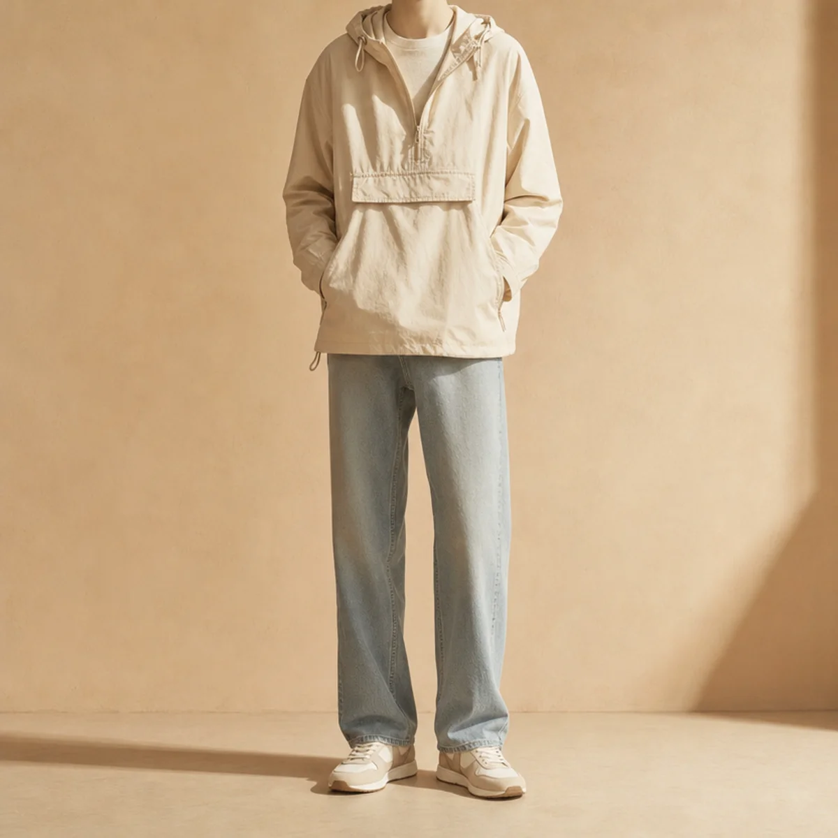 Faceless full-length shot of a light hooded anorak over jeans with sneakers in spring