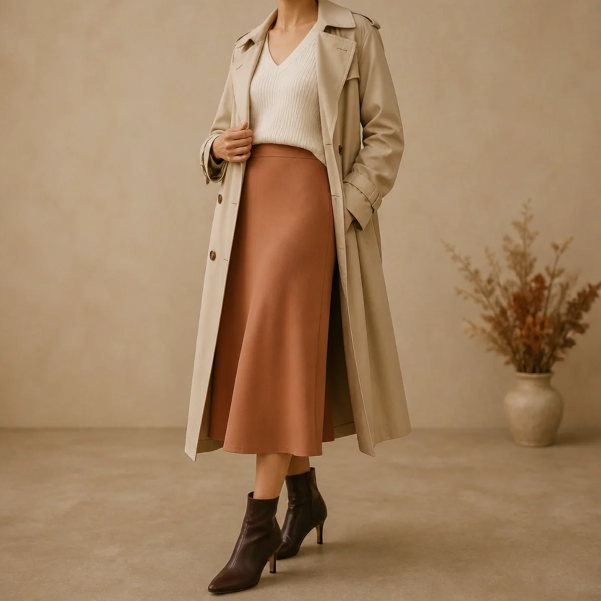 Faceless full-length shot of a trench over a knit and midi skirt with boots in spring