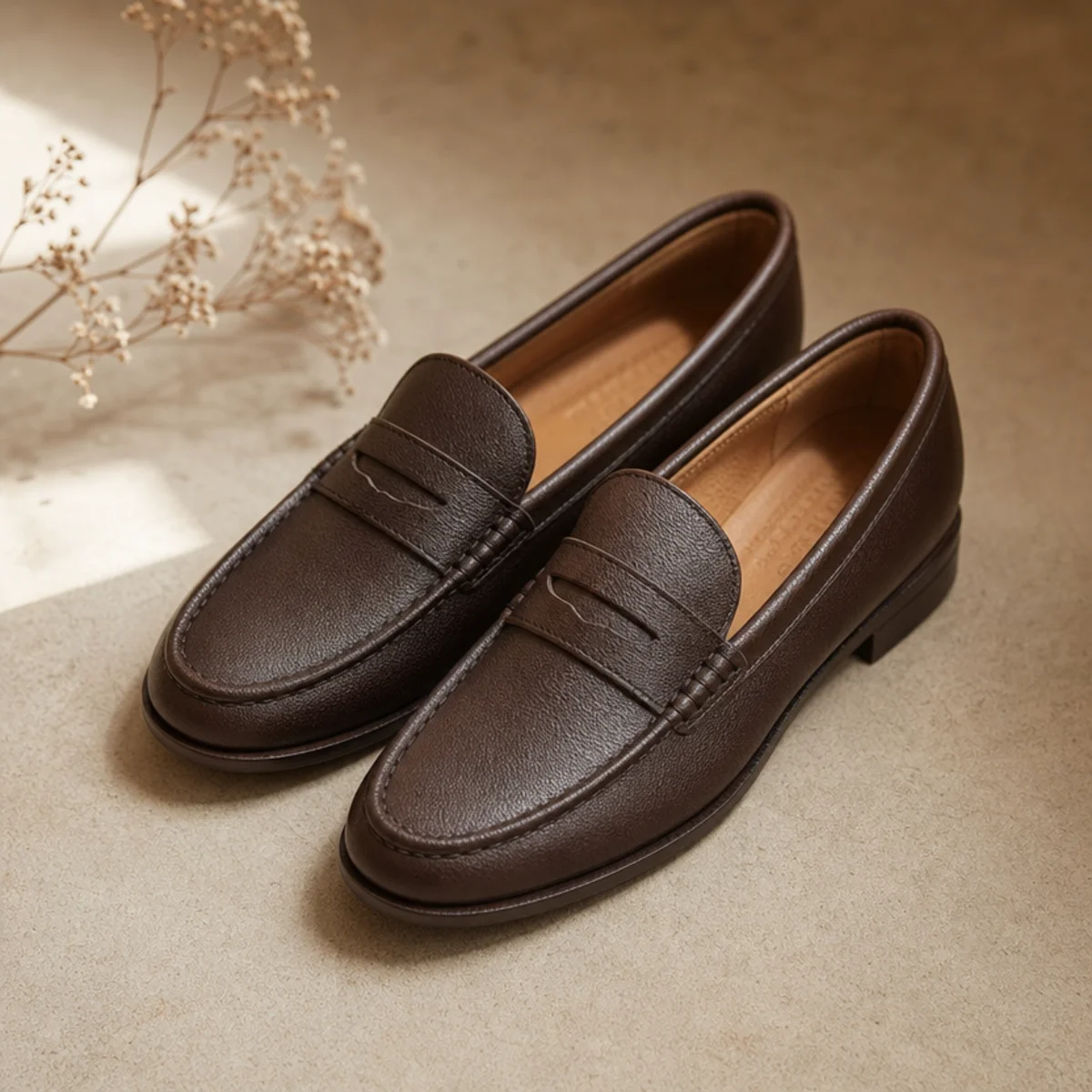 Faceless full-length shot of a light trench over wide-leg trousers with loafers in spring