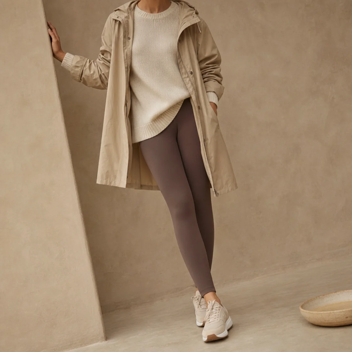 Faceless full-length shot of a raincoat over a light knit with leggings and sneakers in spring
