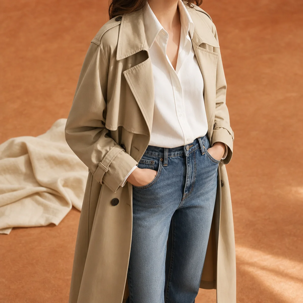 Faceless waist-up shot of a trench over a crisp shirt with jeans in spring