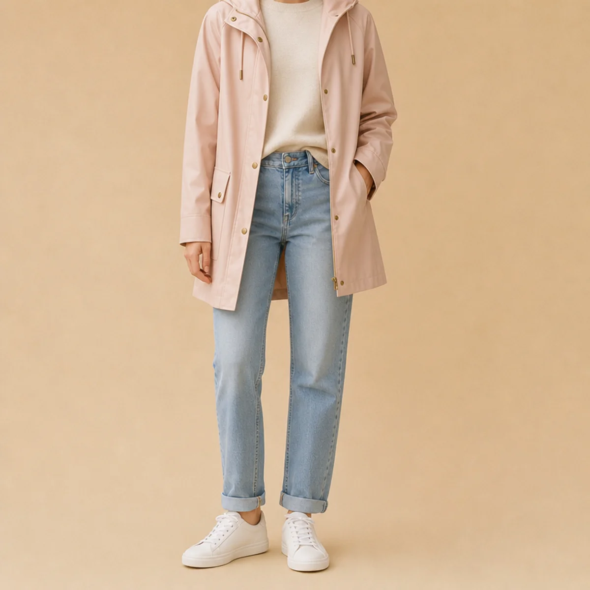 Faceless full-length shot of a soft pastel raincoat over jeans with white sneakers in spring
