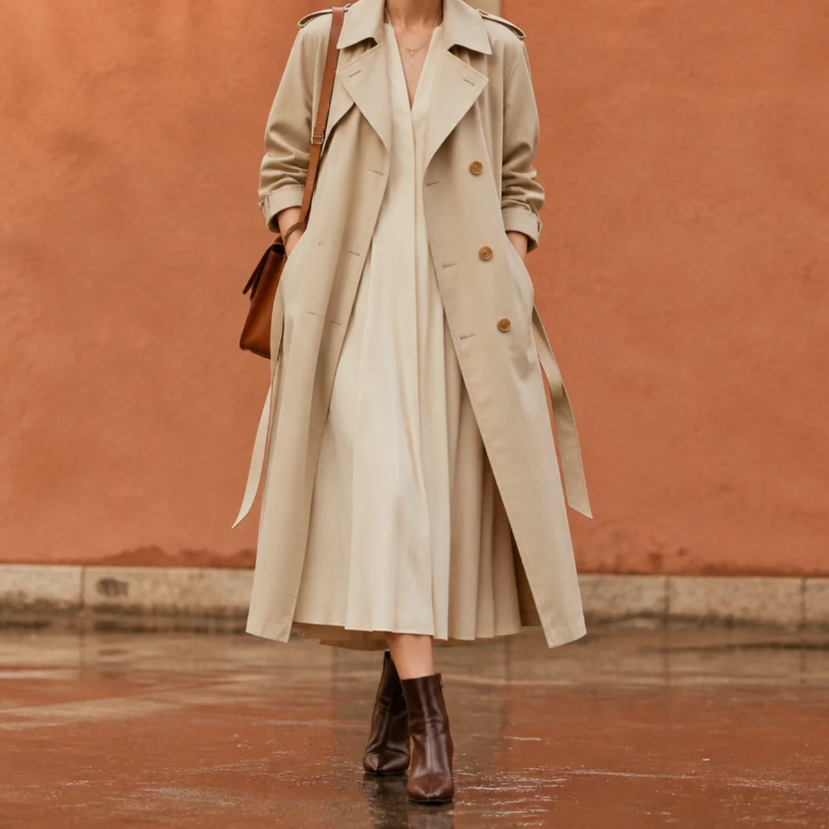 Faceless full-length editorial shot of a light trench over a dress with ankle boots in spring rain