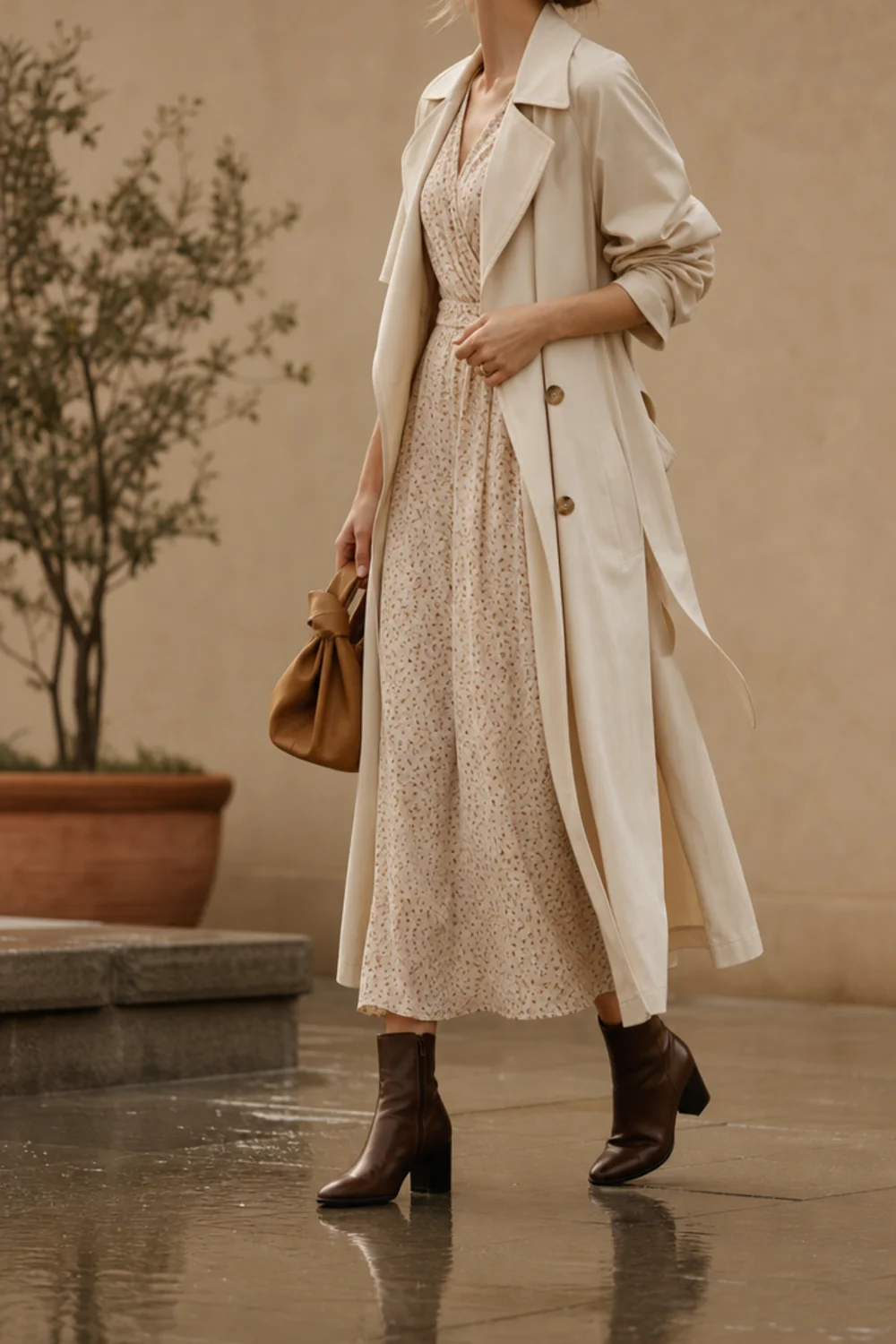 Faceless spring rainy day outfit with a light trench, dress and boots