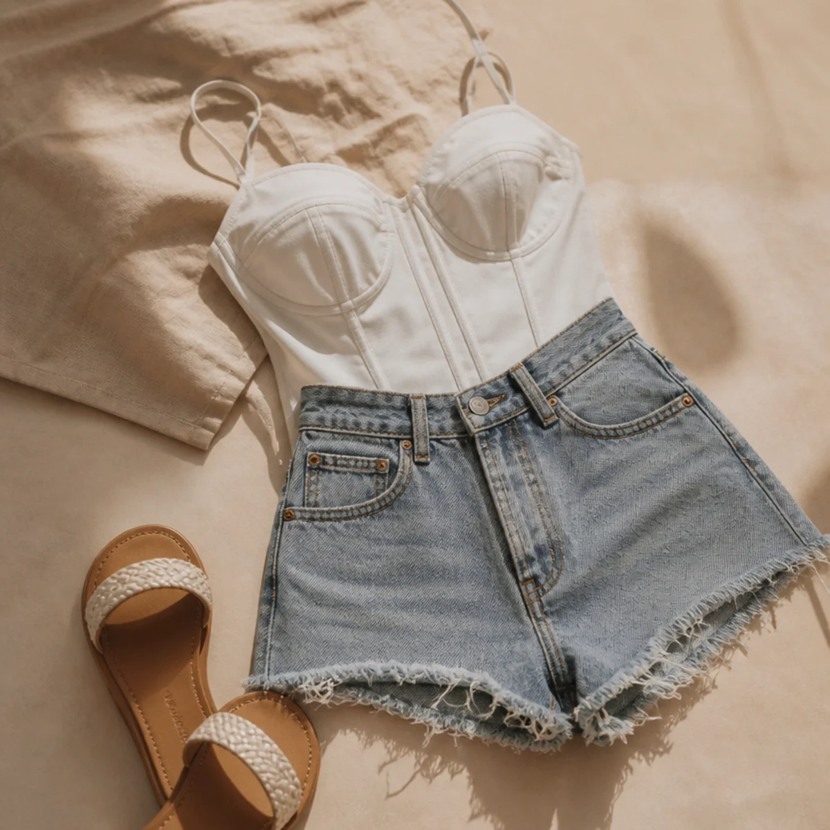 Faceless waist-up shot of a white corset top with high-waisted denim shorts and sandals