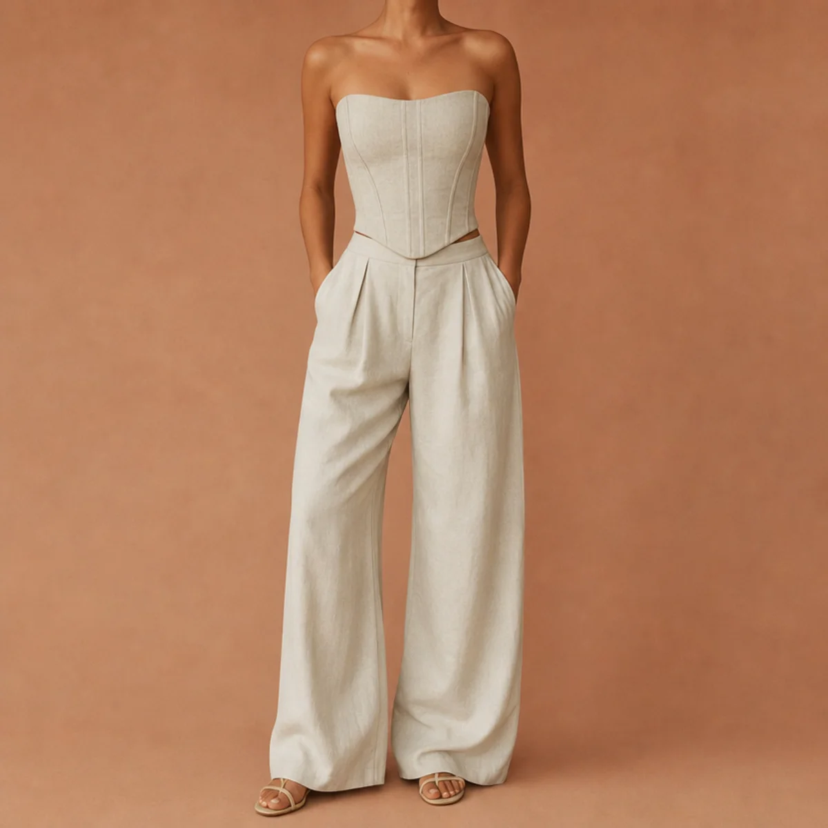 Faceless full-length shot of a corset top with light wide-leg trousers and sandals