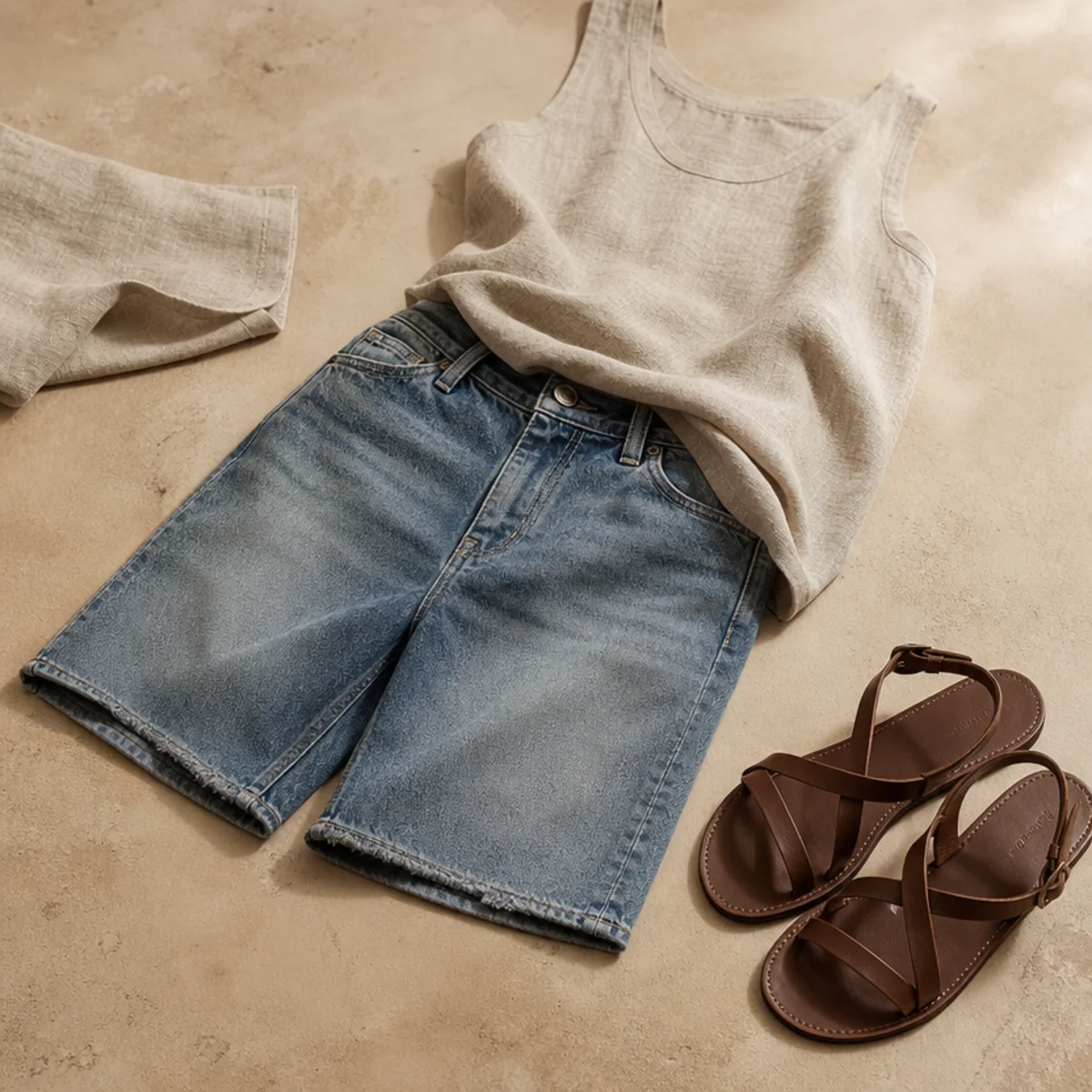 Faceless waist-down shot of denim jorts with a linen tank and flat sandals