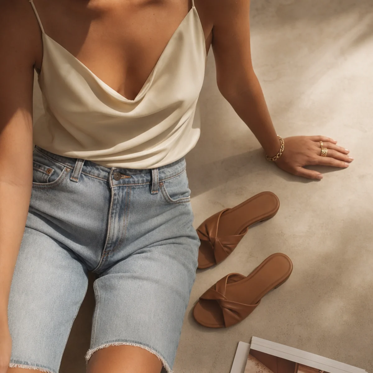 Faceless waist-up shot of a silky cami with denim jorts and flat mules for a summer evening