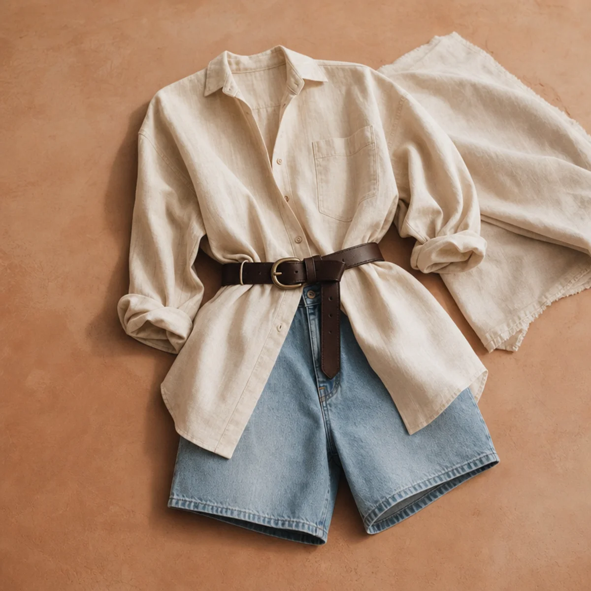 Faceless waist-up shot of an oversized shirt belted over denim jorts