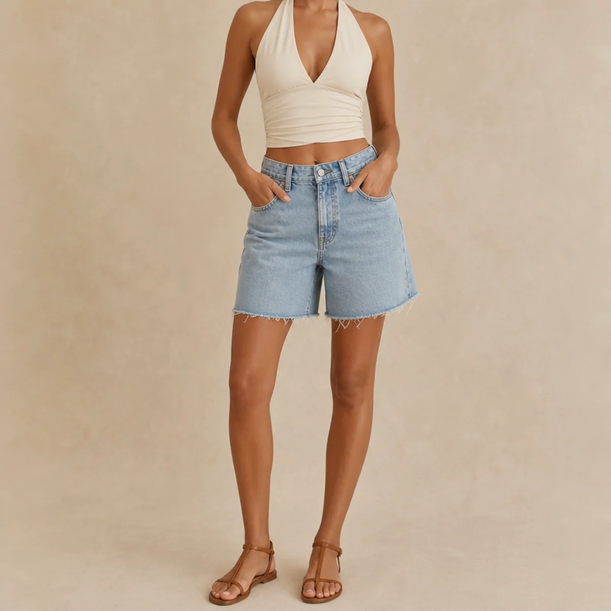 Faceless waist-up shot of a halter top with high-waisted denim jorts and sandals