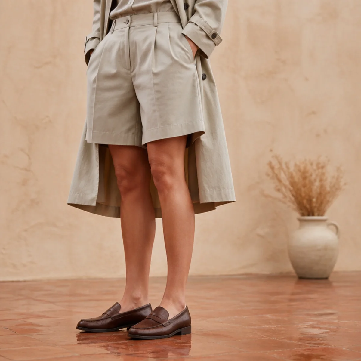Faceless waist-down shot of a light trench over shorts with loafers for summer rain