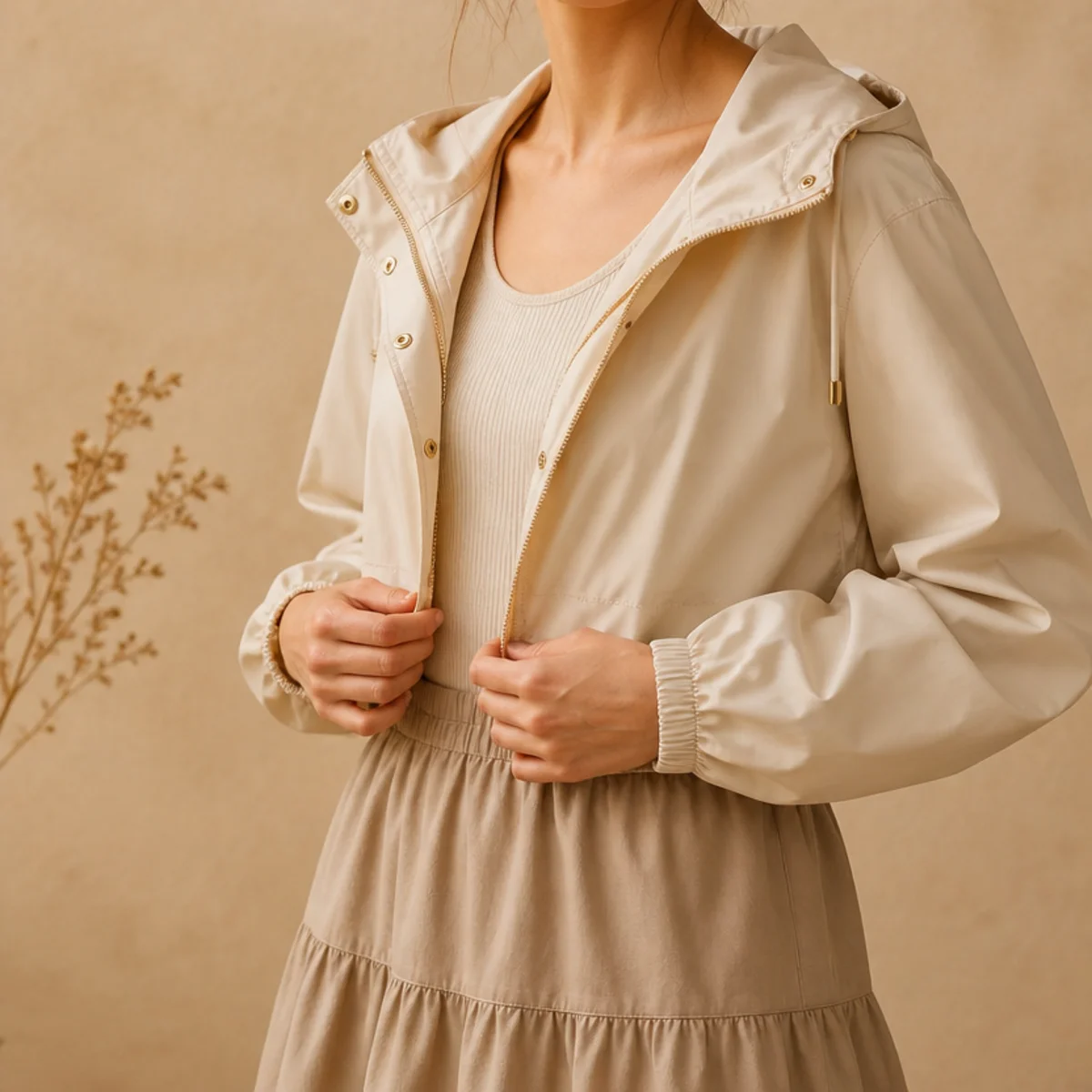 Faceless full-length shot of a cropped rain jacket over a top with a skirt and sandals for summer rain