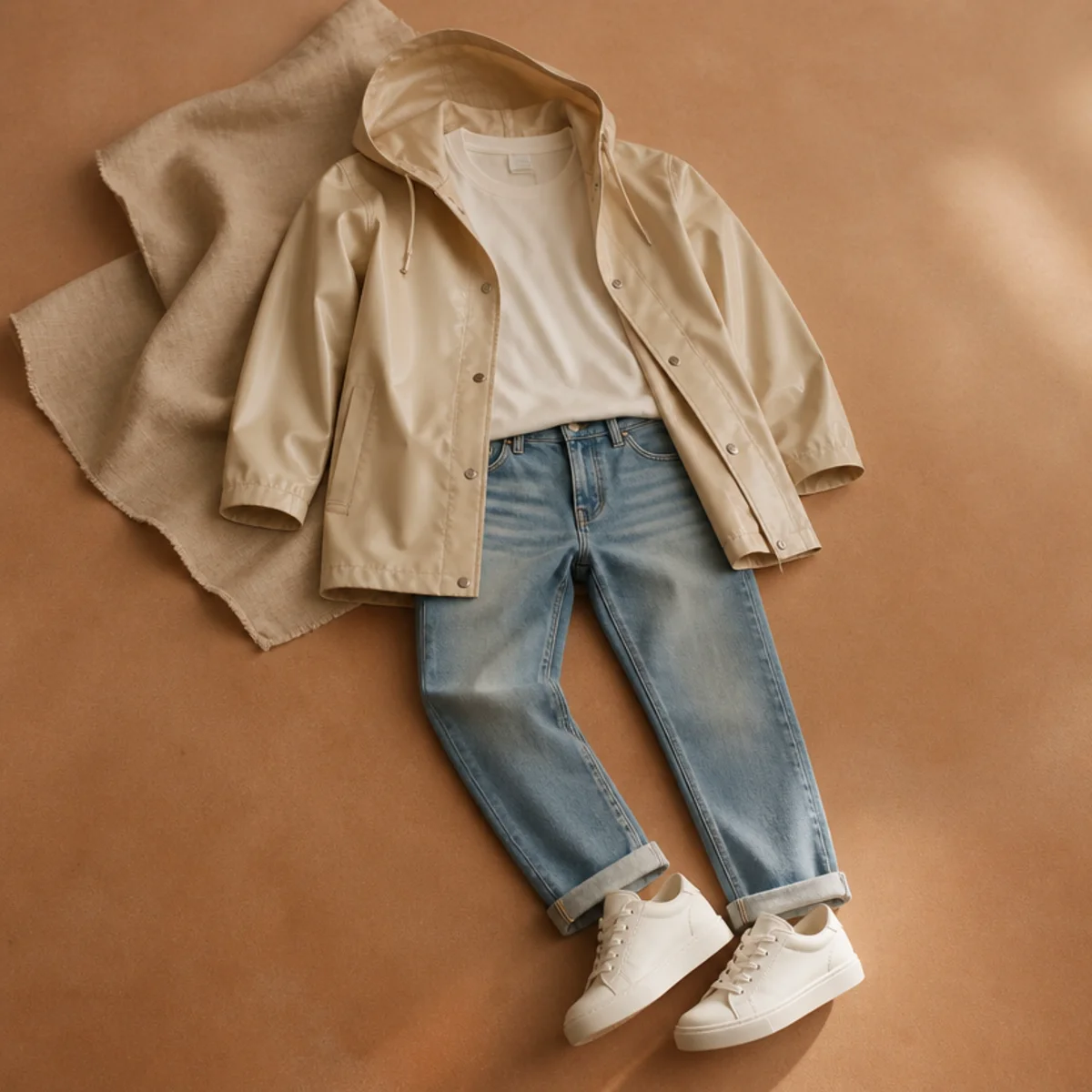Faceless full-length shot of a light raincoat over a tee with jeans and white sneakers for summer rain