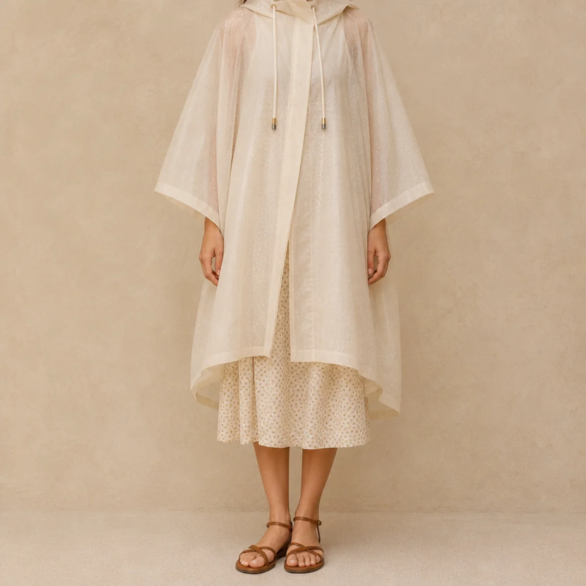 Faceless full-length shot of a light poncho over a summer dress with sandals for summer rain