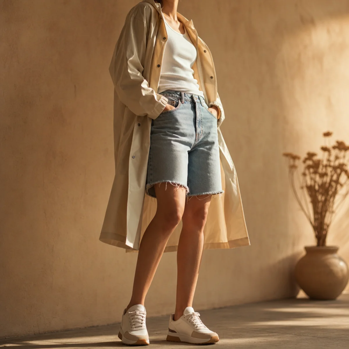 Faceless full-length shot of a light raincoat over a tank with denim jorts and sneakers for summer rain