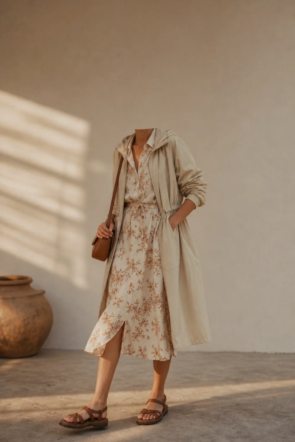 Faceless summer rain outfit with a light raincoat, dress and sandals