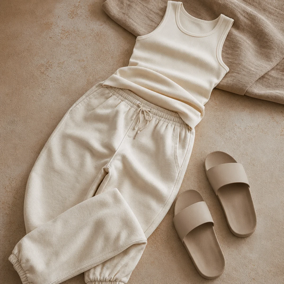 Faceless waist-down shot of lightweight sweatpants with a fitted tank and slide sandals