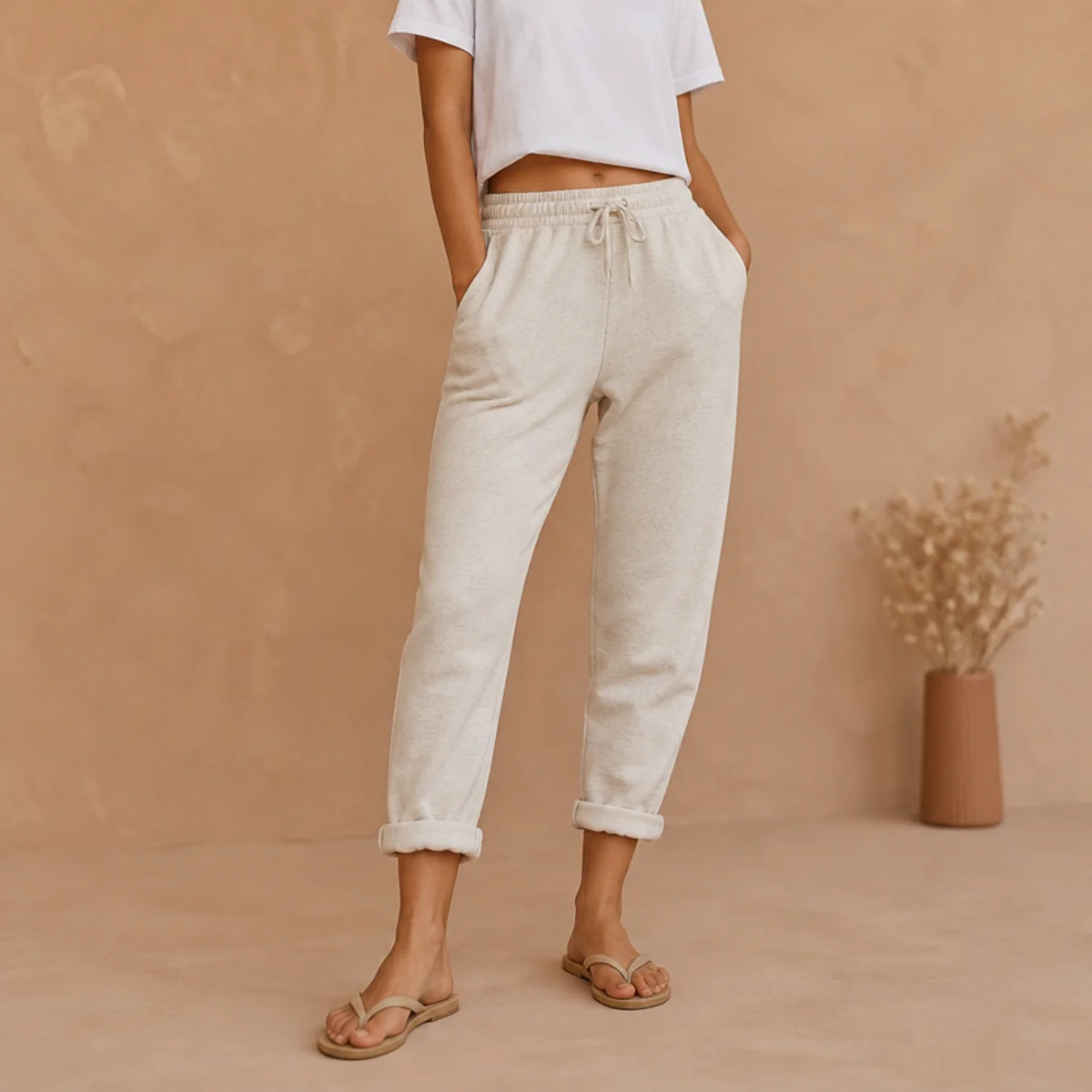 Faceless waist-down shot of lightweight sweatpants rolled at the ankle with a cropped tee