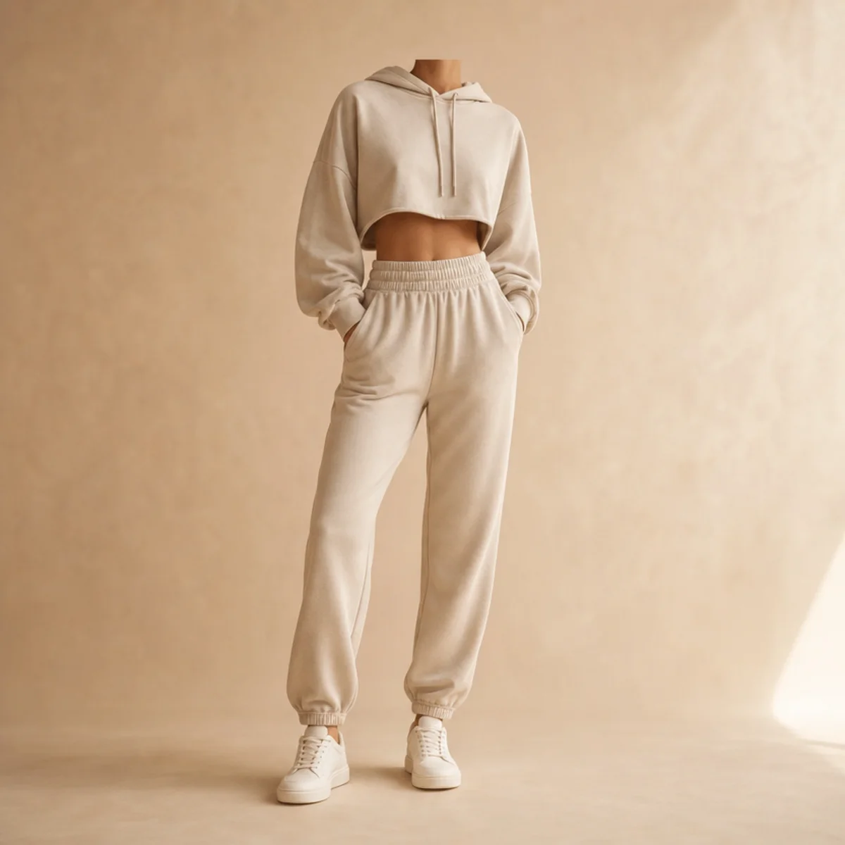 Faceless waist-up shot of a cropped hoodie with high-waisted joggers