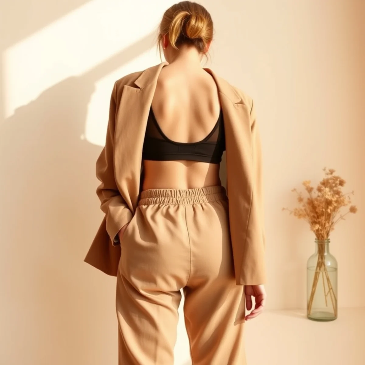 Faceless waist-up shot of a bralette under an open blazer with high-waisted joggers