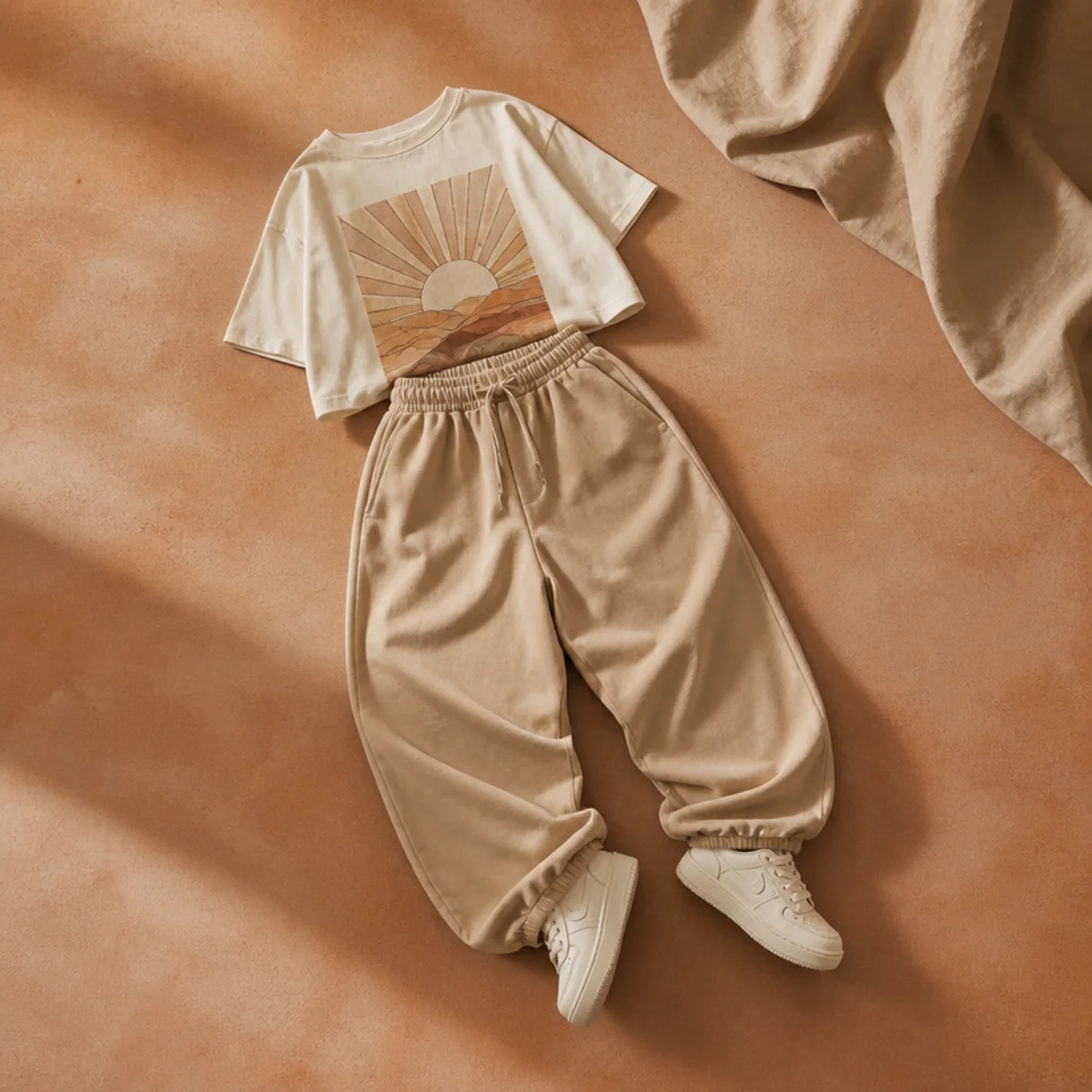 Faceless waist-down shot of baggy joggers with a cropped graphic tee