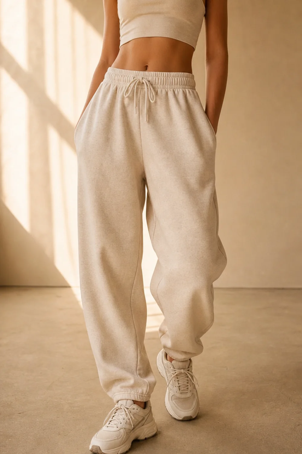Faceless sweatpants and crop top outfit with chunky sneakers