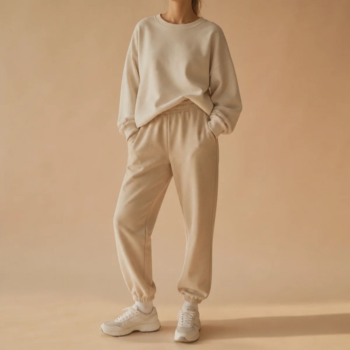 Faceless waist-up shot of an oversized sweatshirt half-tucked into joggers