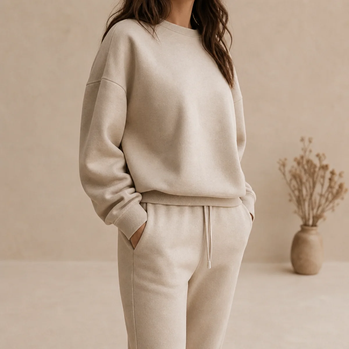 Faceless waist-up shot of a tonal sweatshirt and jogger set for a campus day