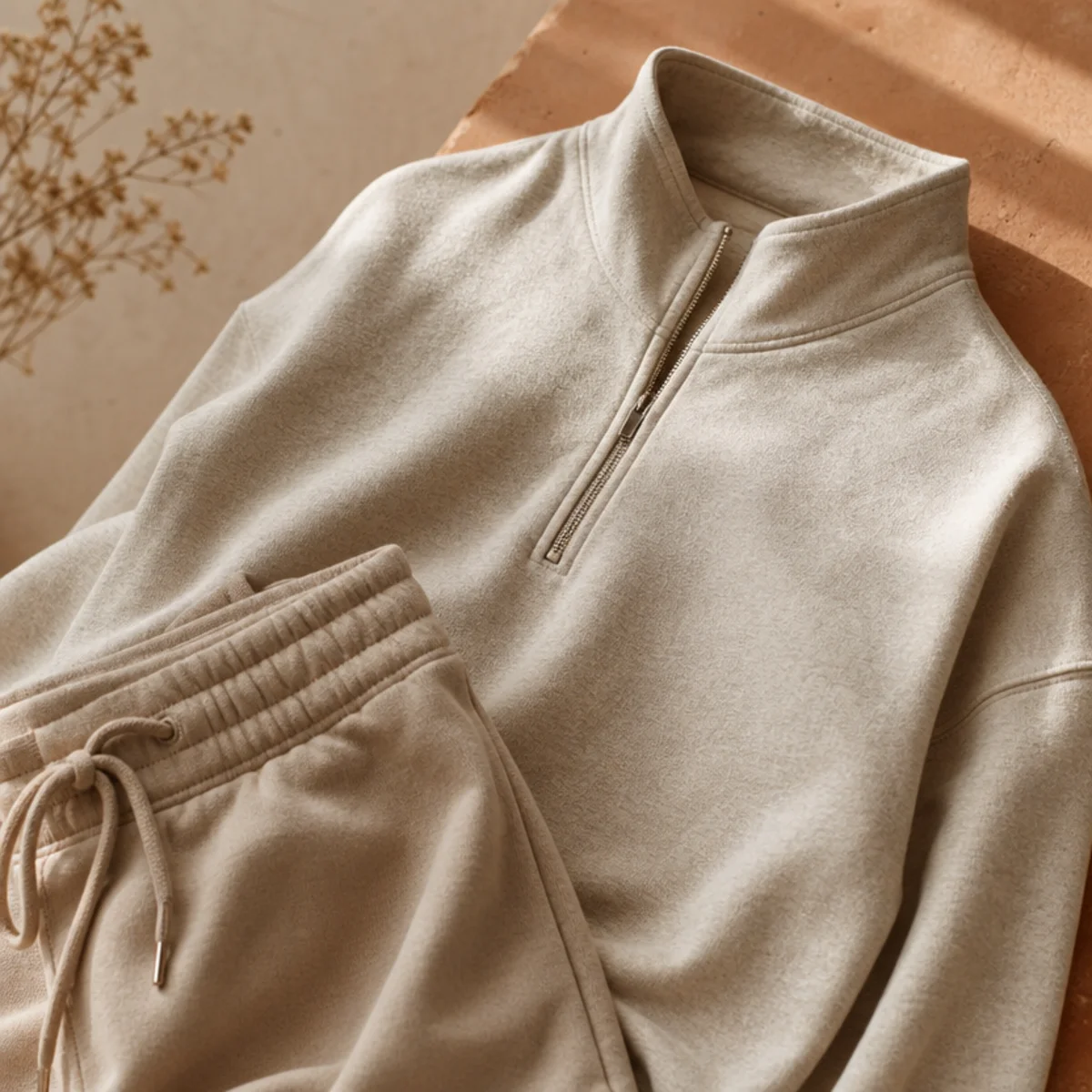 Faceless waist-up shot of a fitted quarter-zip pullover with joggers for campus
