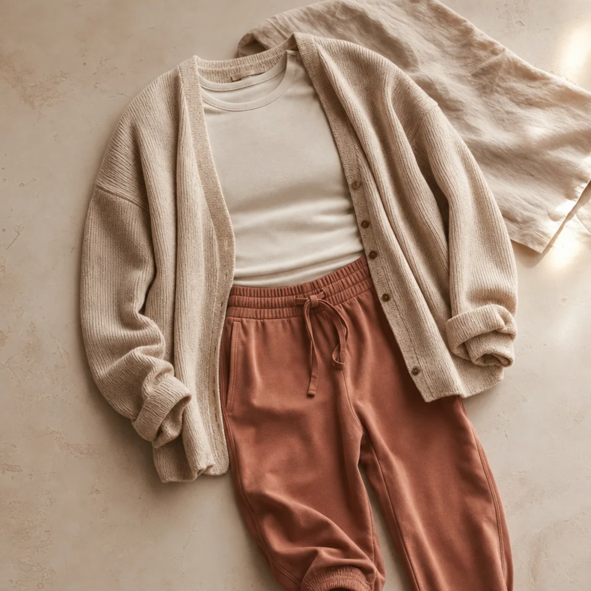 Faceless waist-up shot of an open cardigan over a fitted tee with joggers for campus