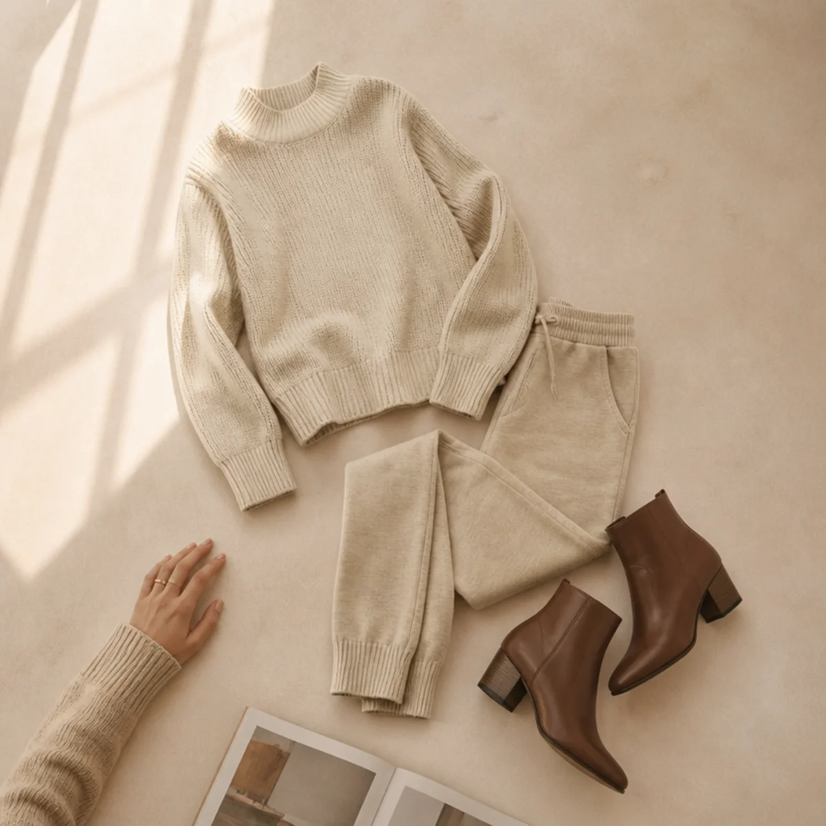 Faceless full-length shot of a knit jumper with slim joggers and ankle boots for campus